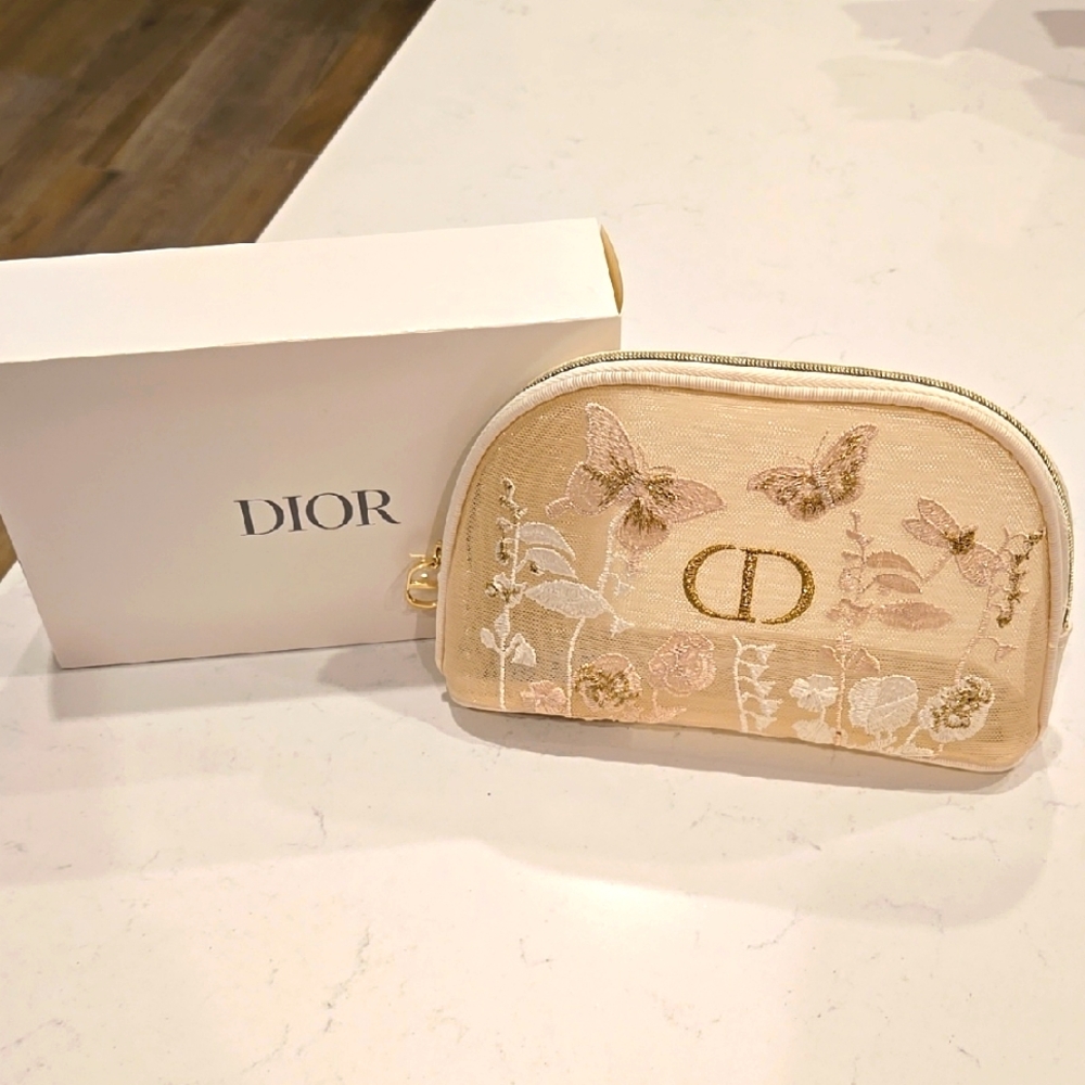 Brand New DIOR butterfly Embroidery Pouch Bag Cream & Gold Floral CD Limted  ED